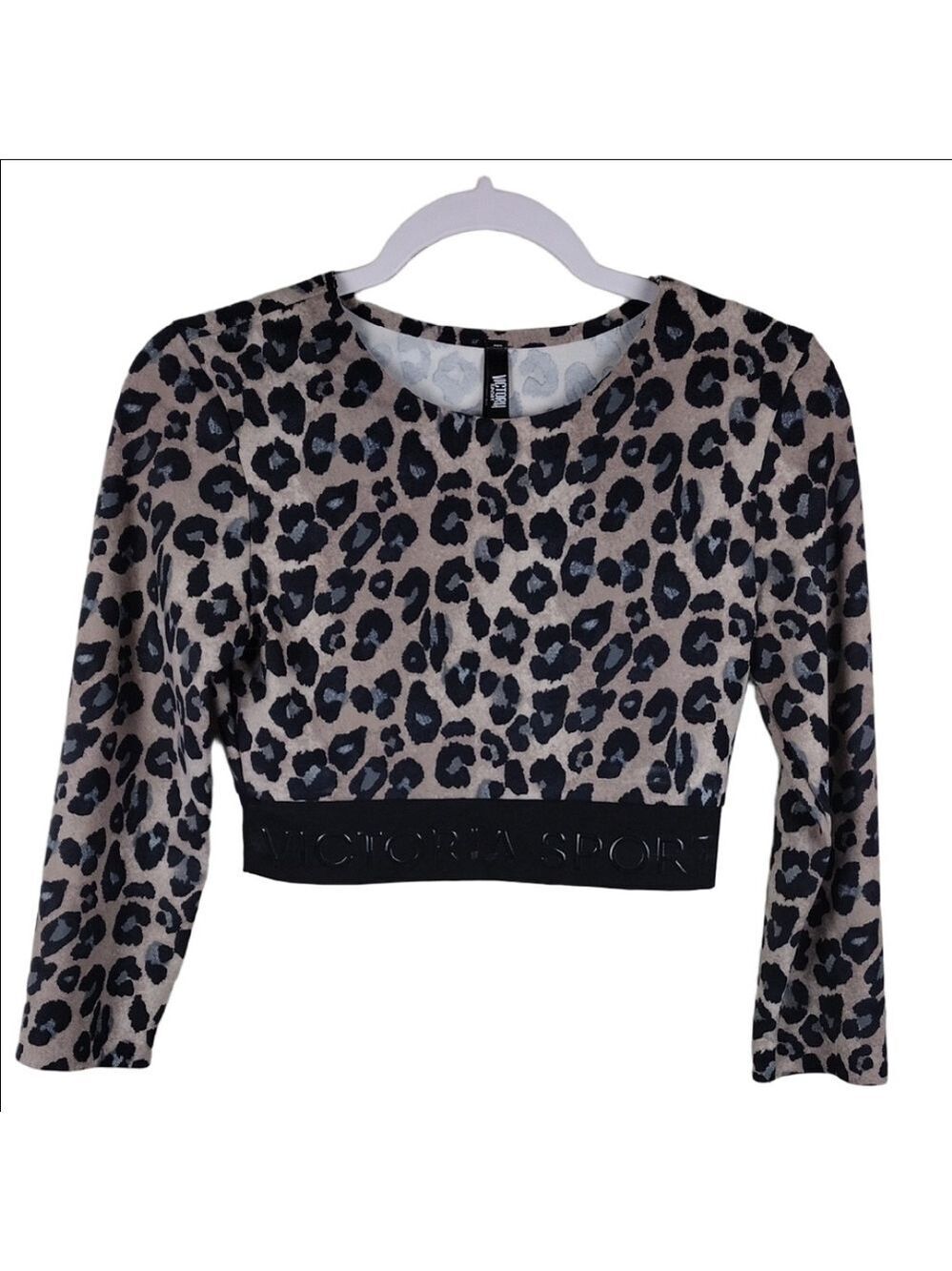 Victoria Sport Leopard Print Scoop Neckline Long Sleeve Pullover Sporty Crop Top